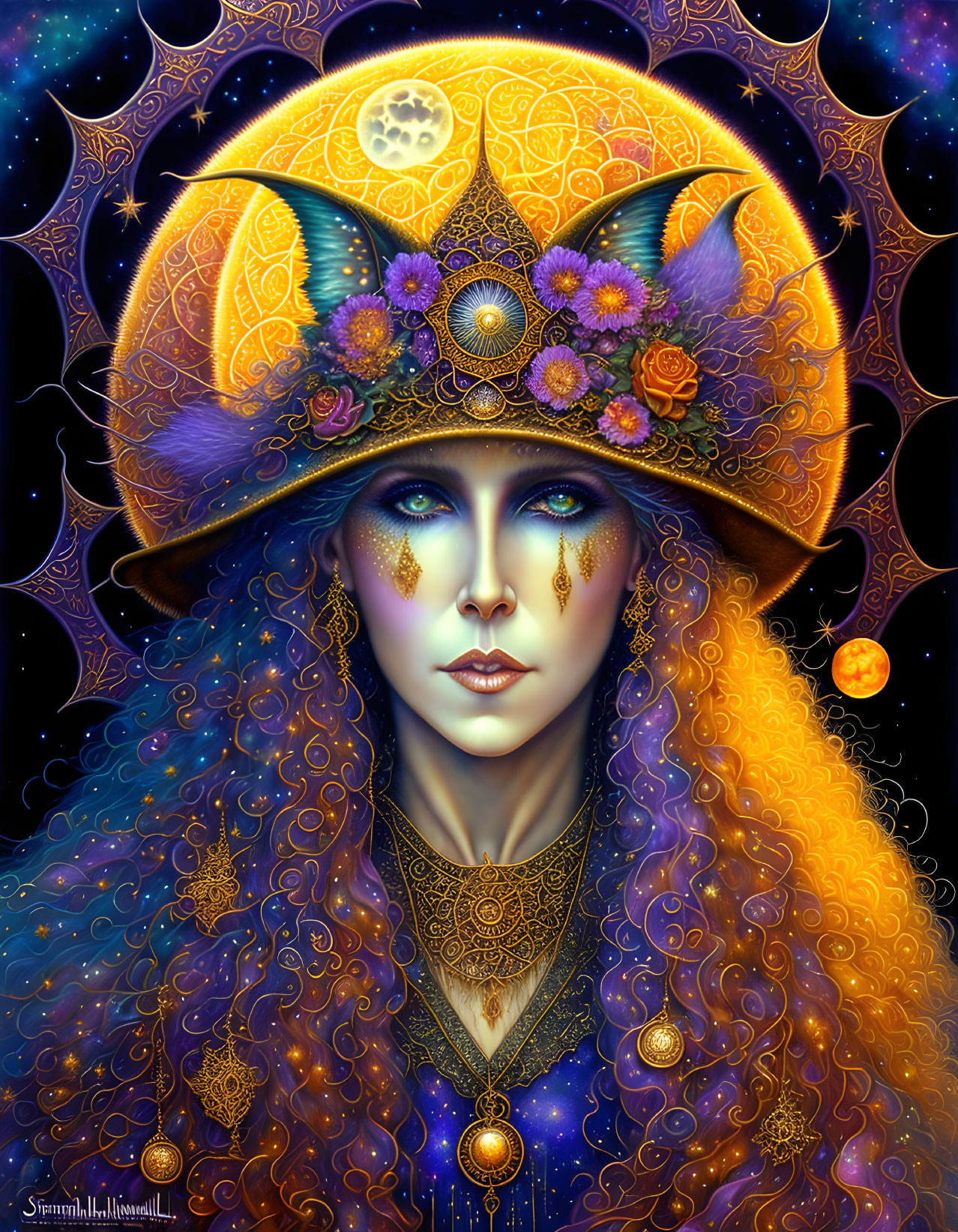 Vibrant orange hair and blue skin woman with celestial-themed headdress