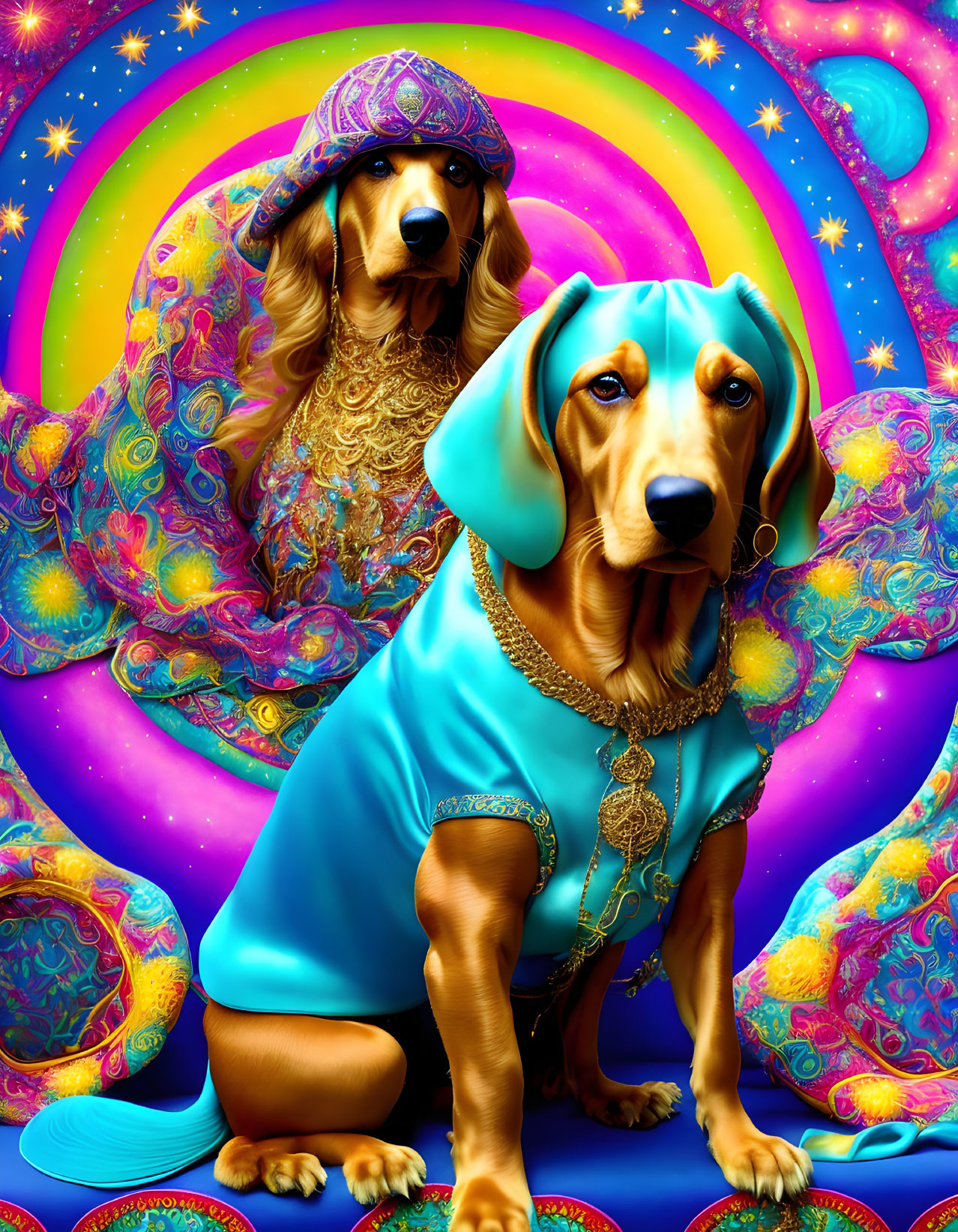 Colorful psychedelic dogs in cosmic attire and rainbow backdrop.