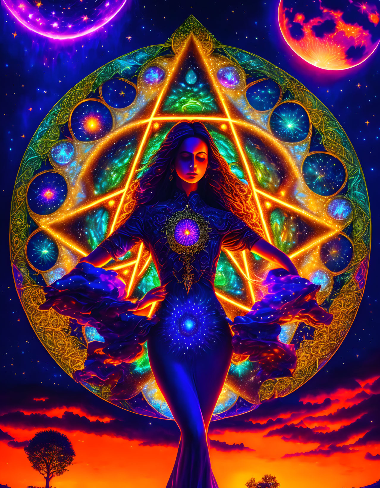 Mystical female figure in cosmic digital artwork