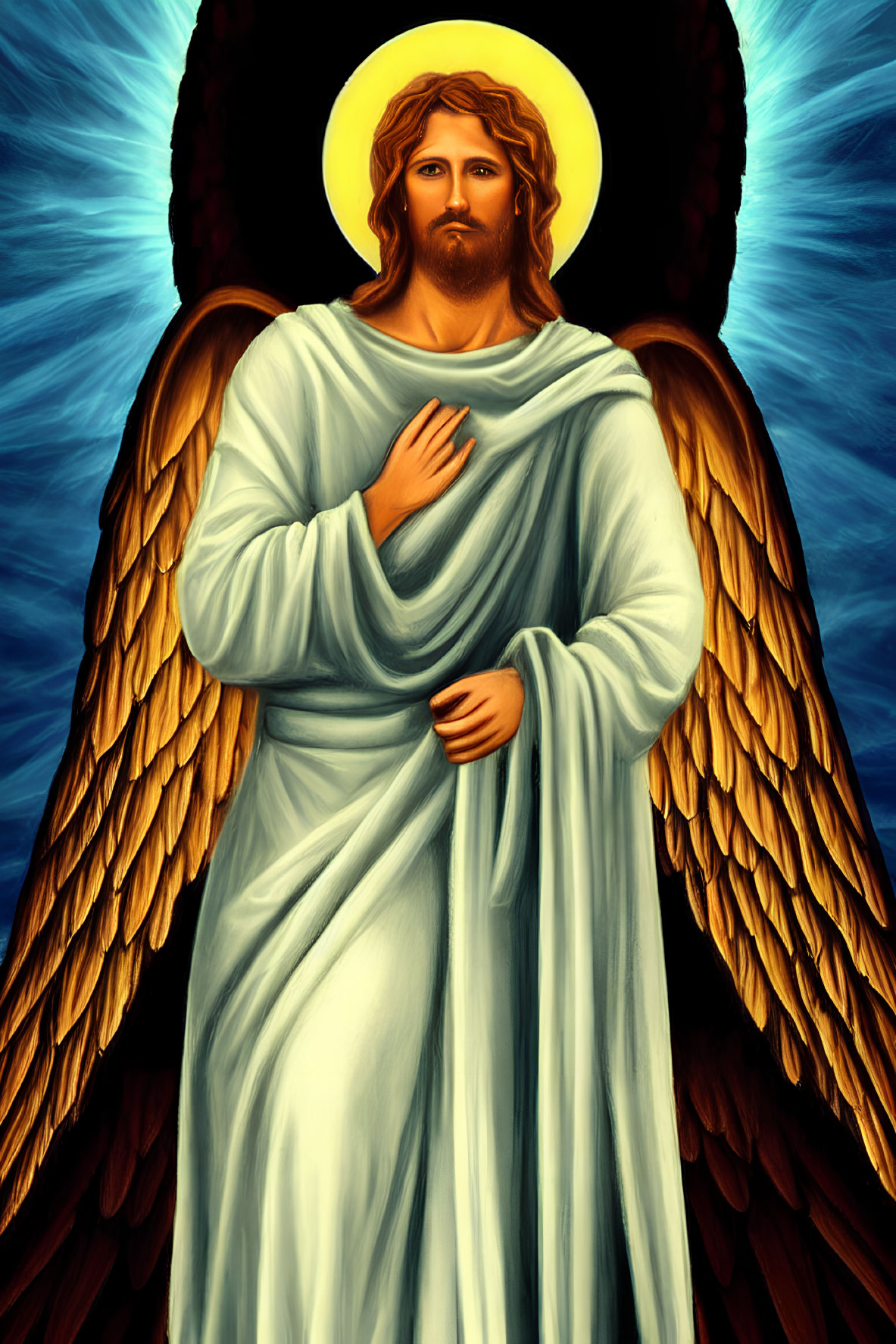 Golden-winged angel in blue robes with glowing halo on radiant blue backdrop