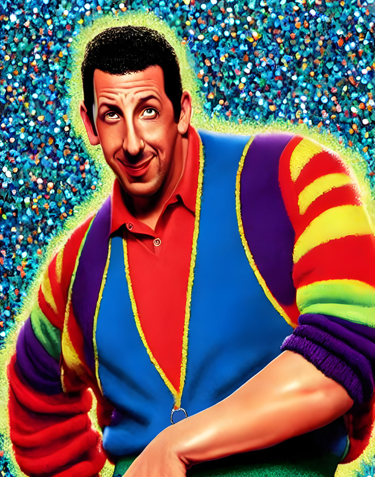 Vibrant rainbow-striped sweater on smiling man portrait