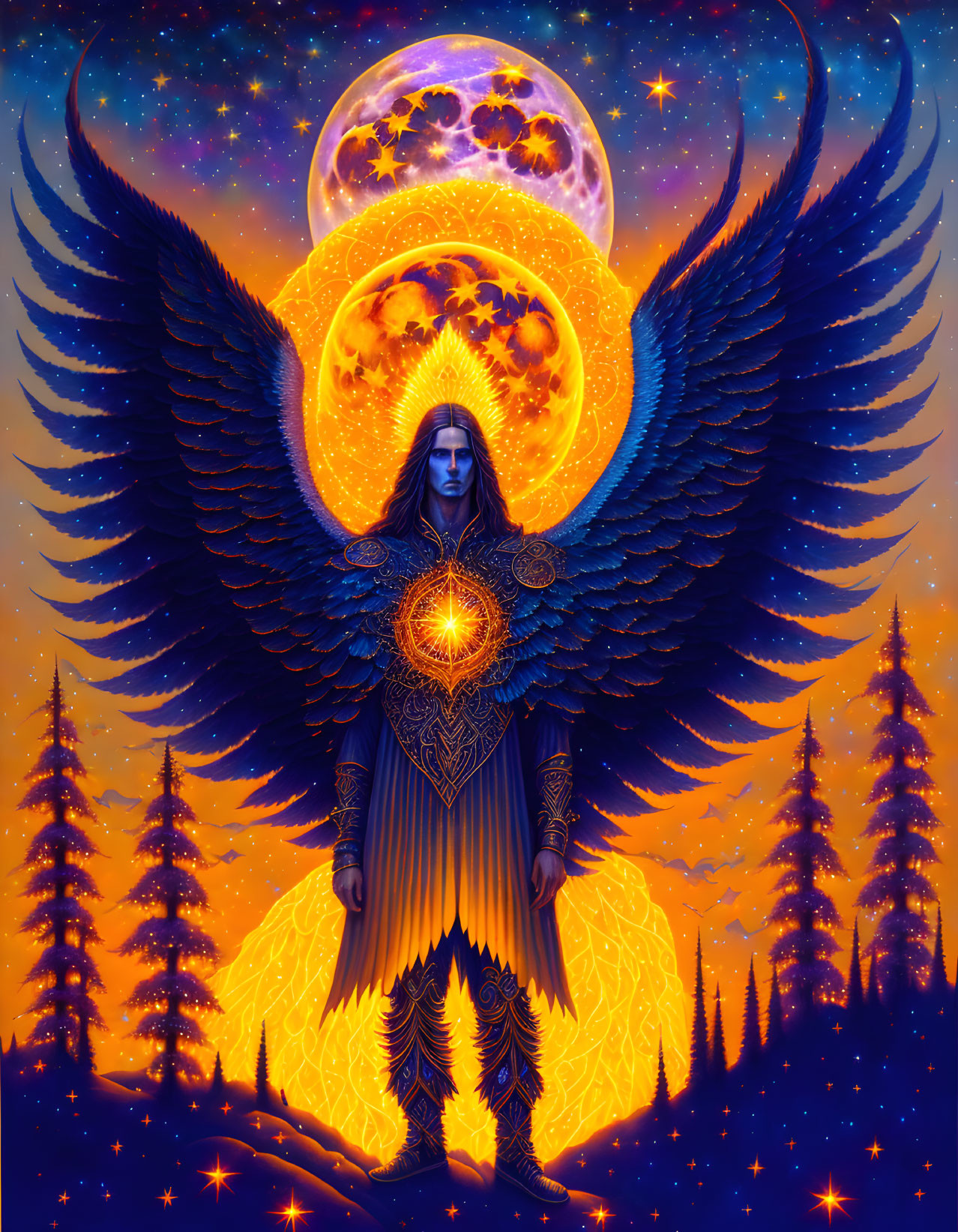 Ethereal figure with black wings in mystical forest under starlit sky