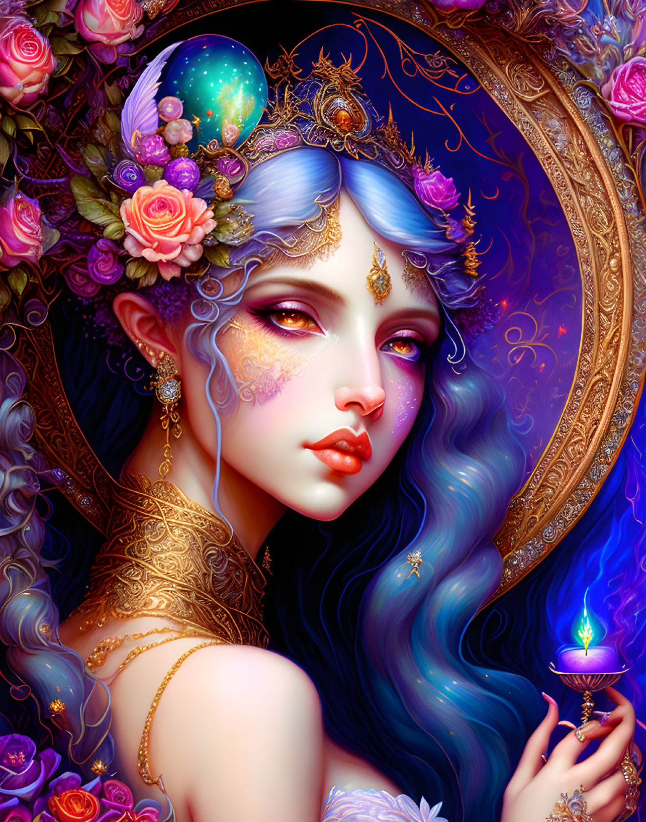 Ethereal Woman with Floral Accessories and Candle