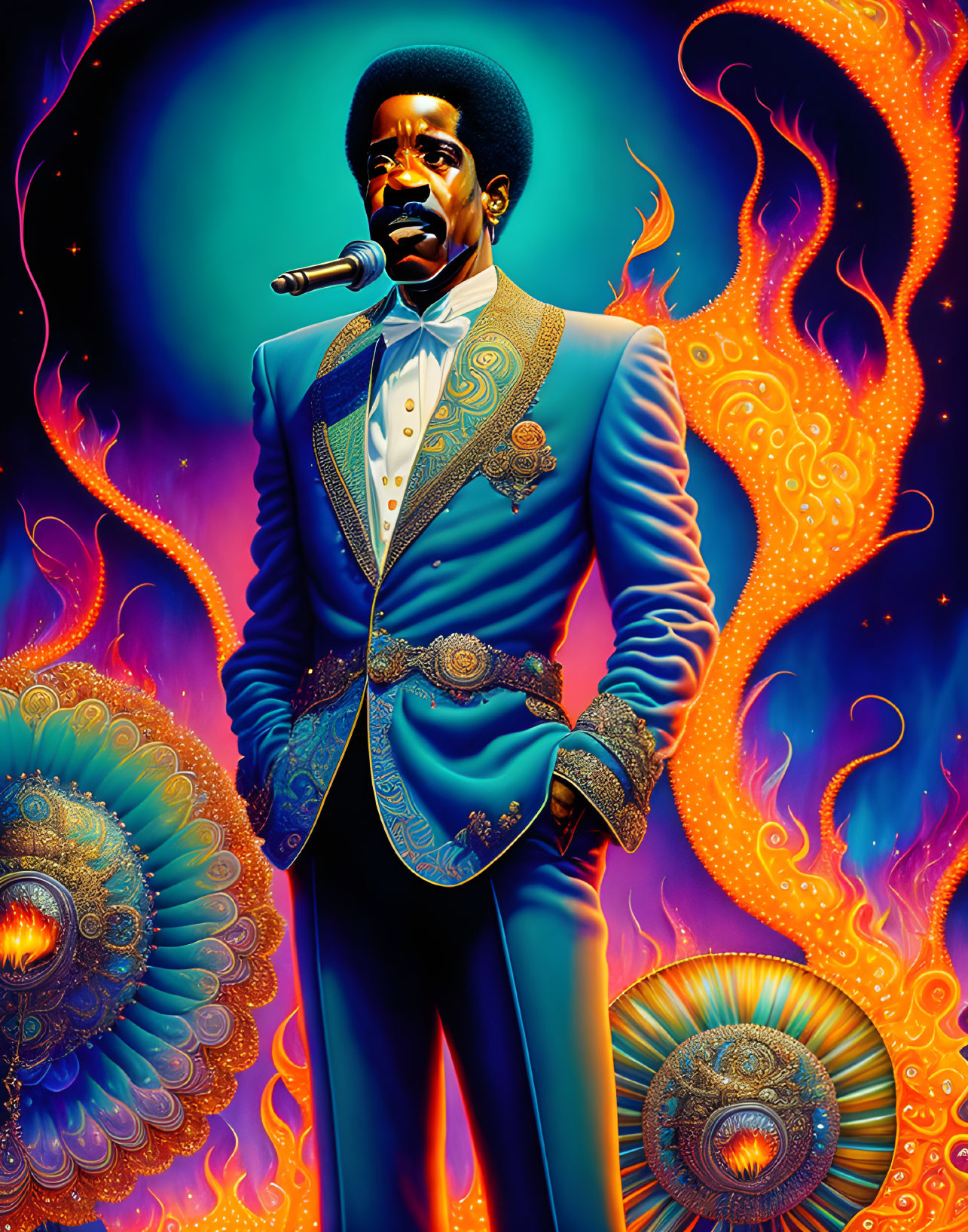 Colorful Man Singing in Blue Ornate Suit Illustration