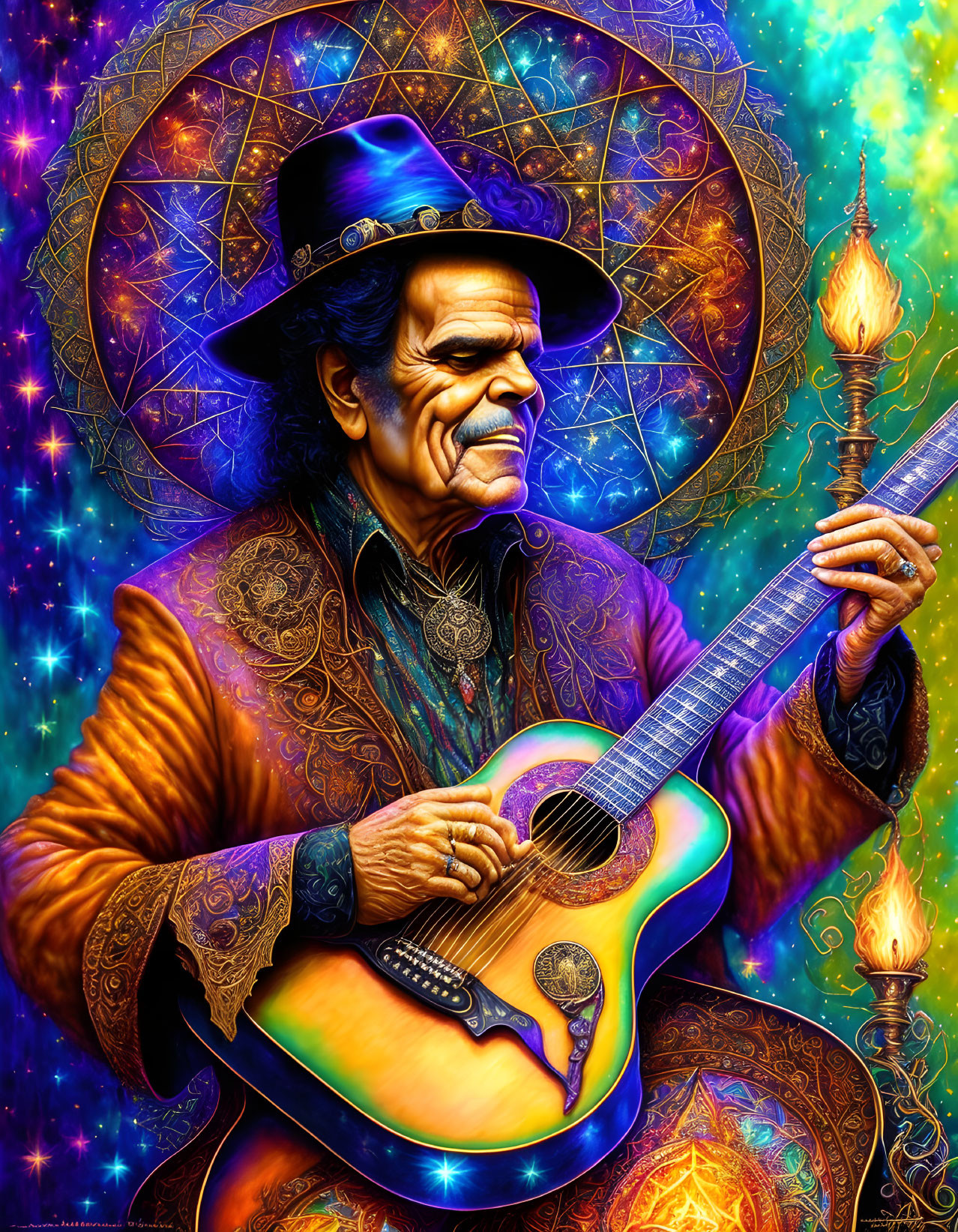 Colorful Guitar Player Surrounded by Cosmic Patterns