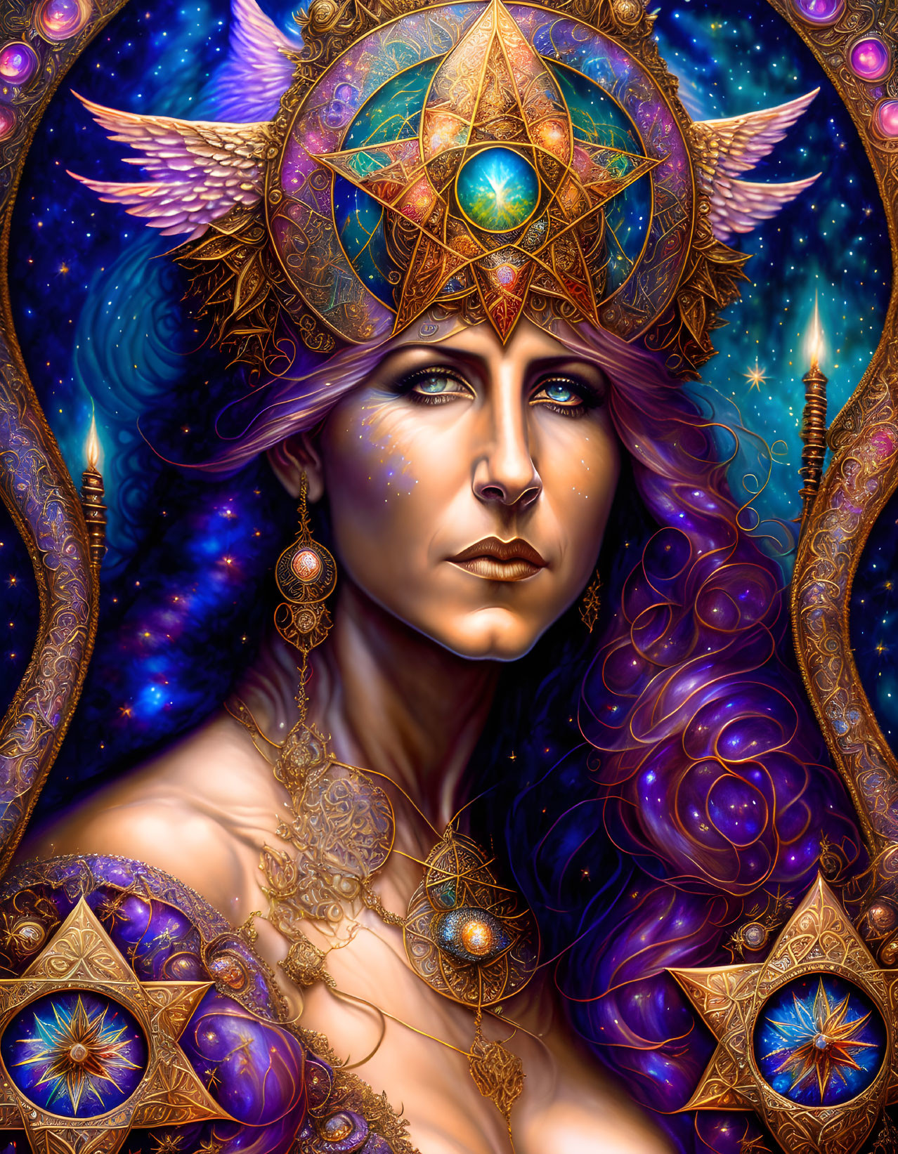 Cosmic-themed woman with purple hair and golden jewelry on star-filled backdrop