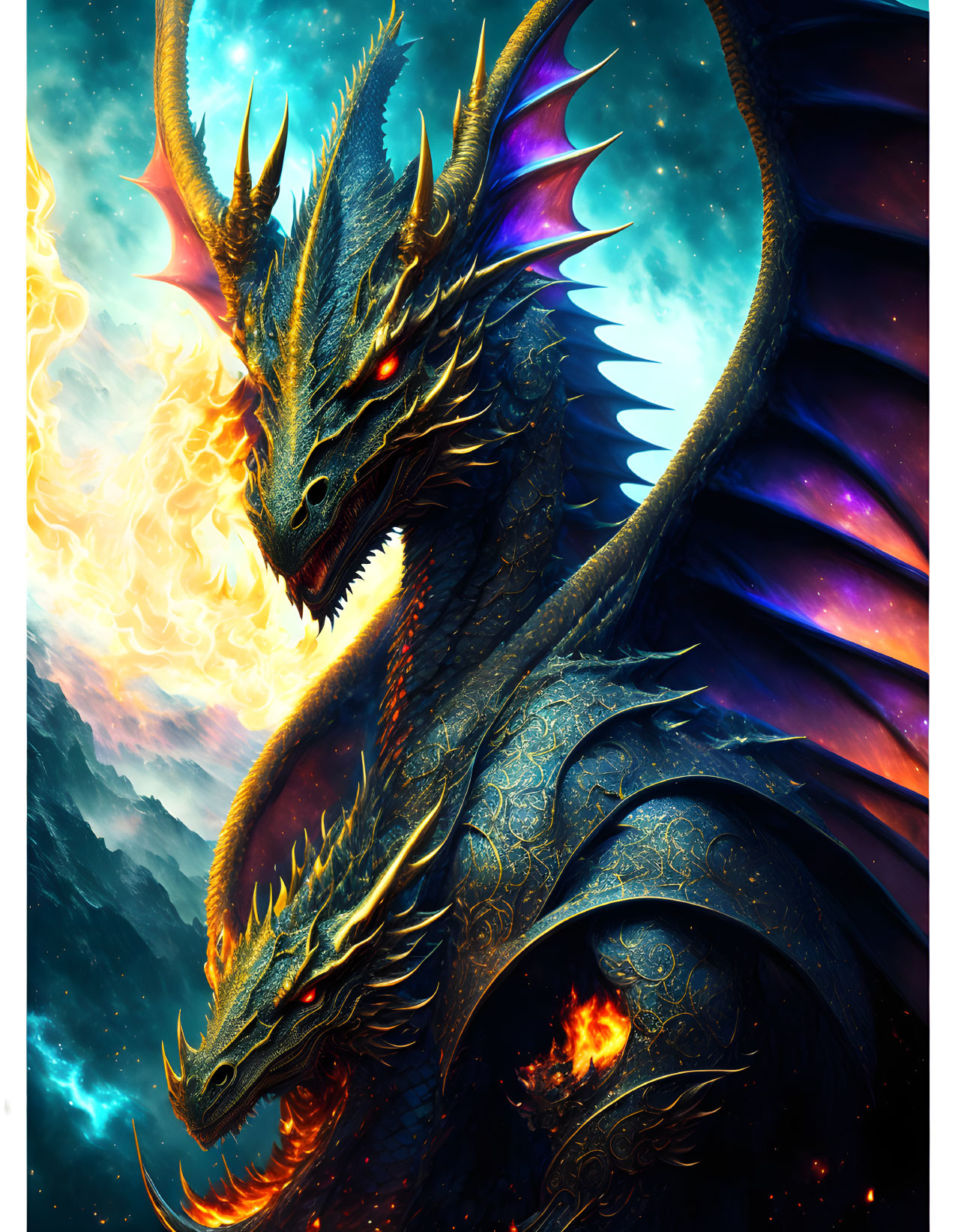 Majestic dragon with glowing eyes in cosmic backdrop