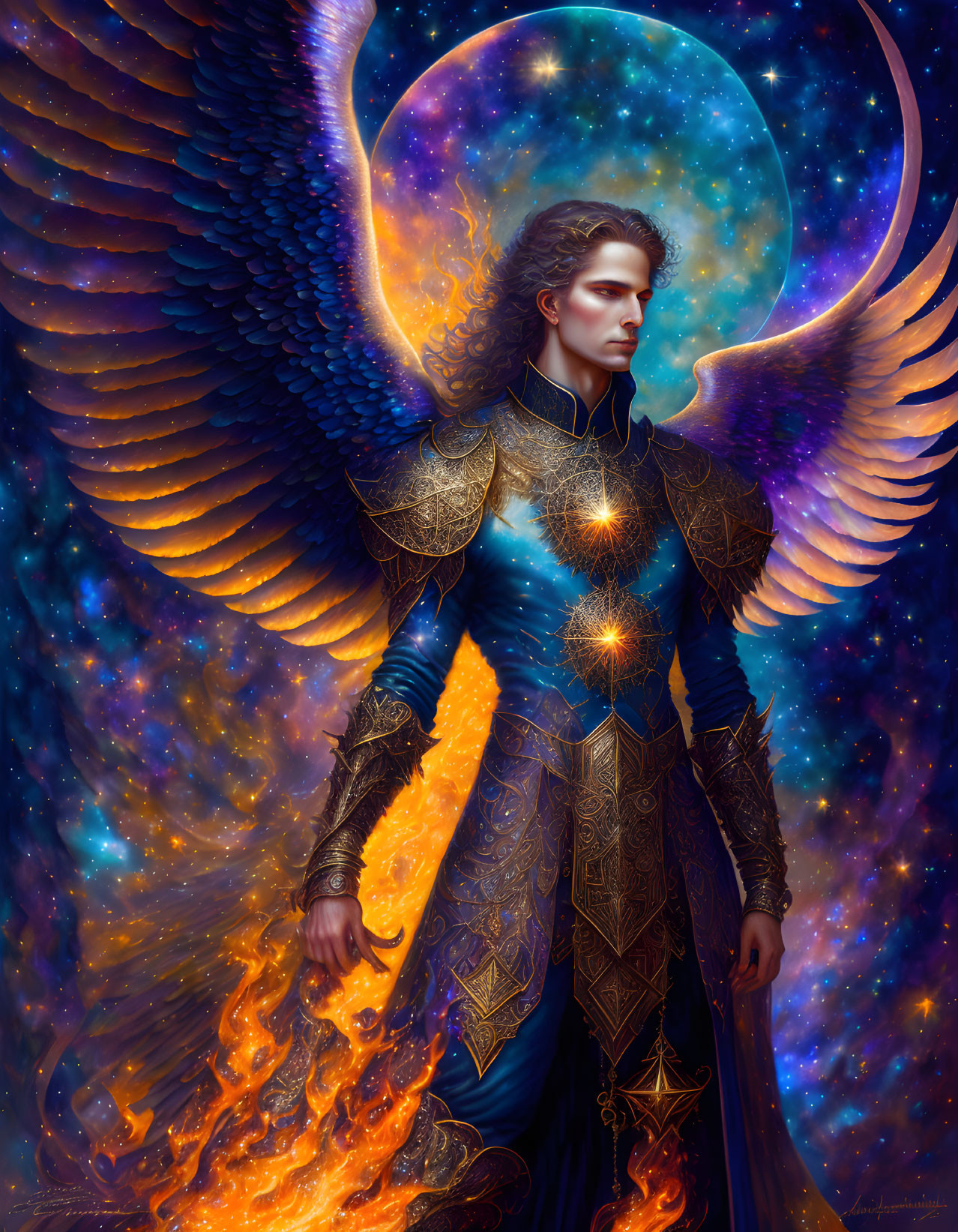 Majestic winged figure in cosmic armor with star and flame motifs