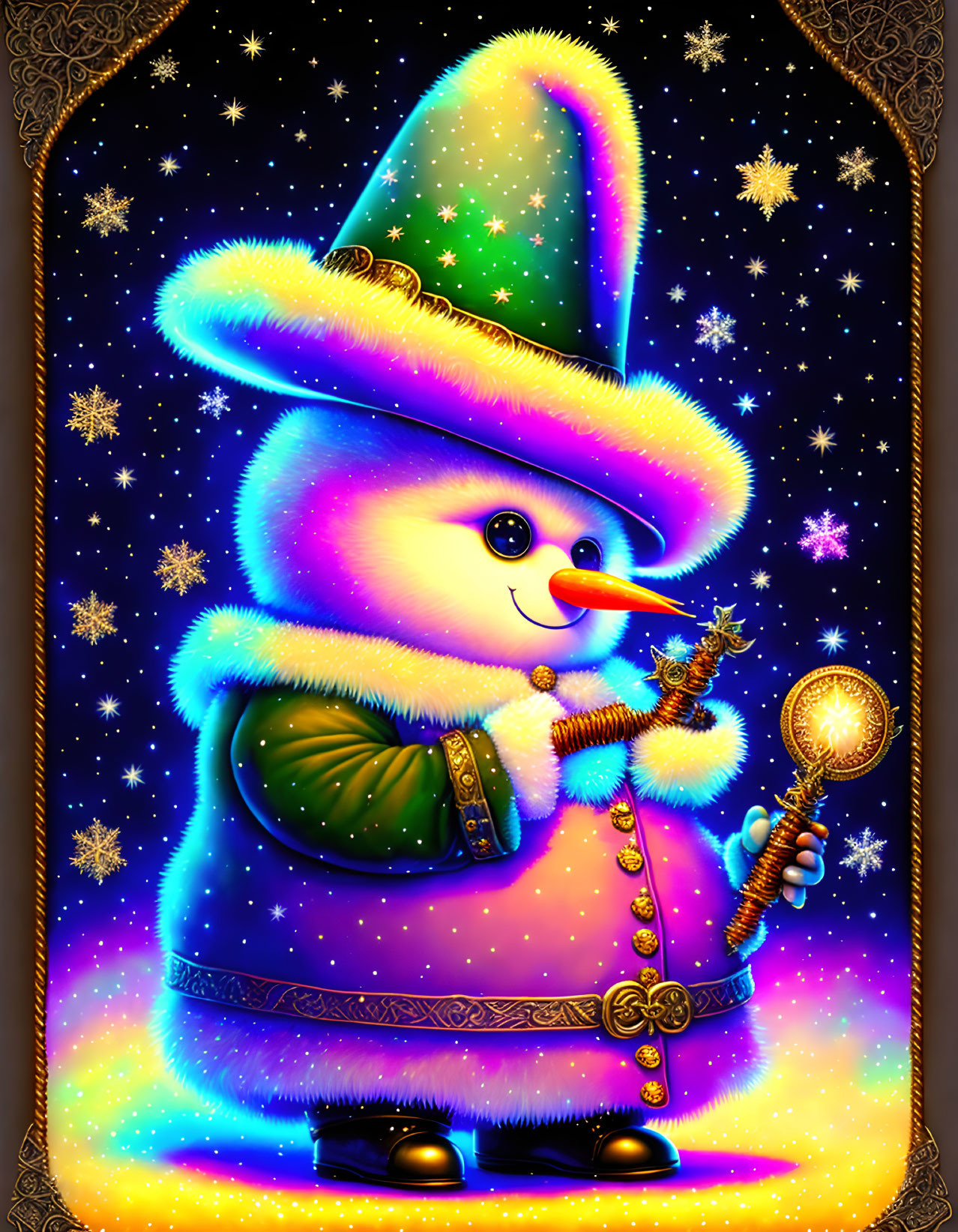 Whimsical snowman wizard with starry hat and golden staff in star-filled background