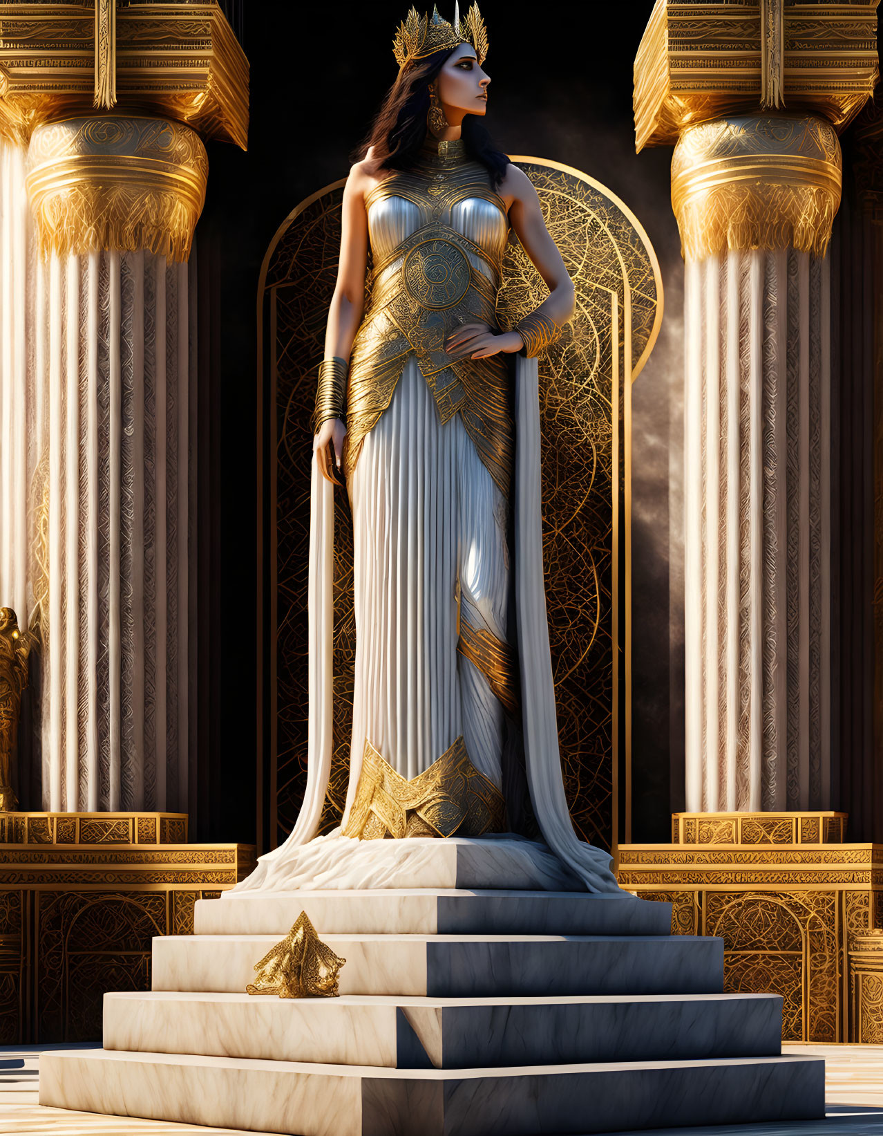 Regal woman in white and gold Greek-style dress on luxurious staircase