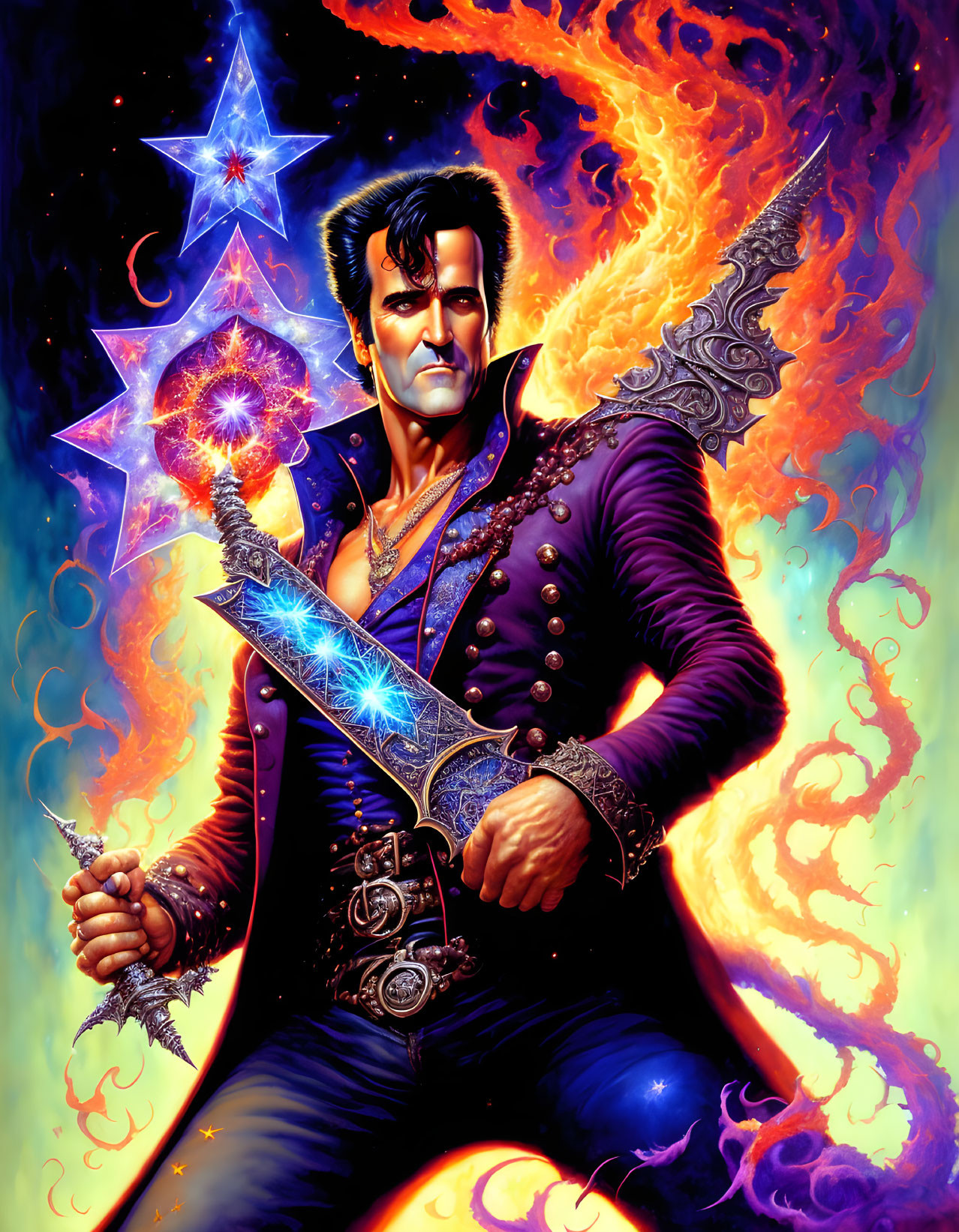 Fantasy male character with magic sword in cosmic flames.