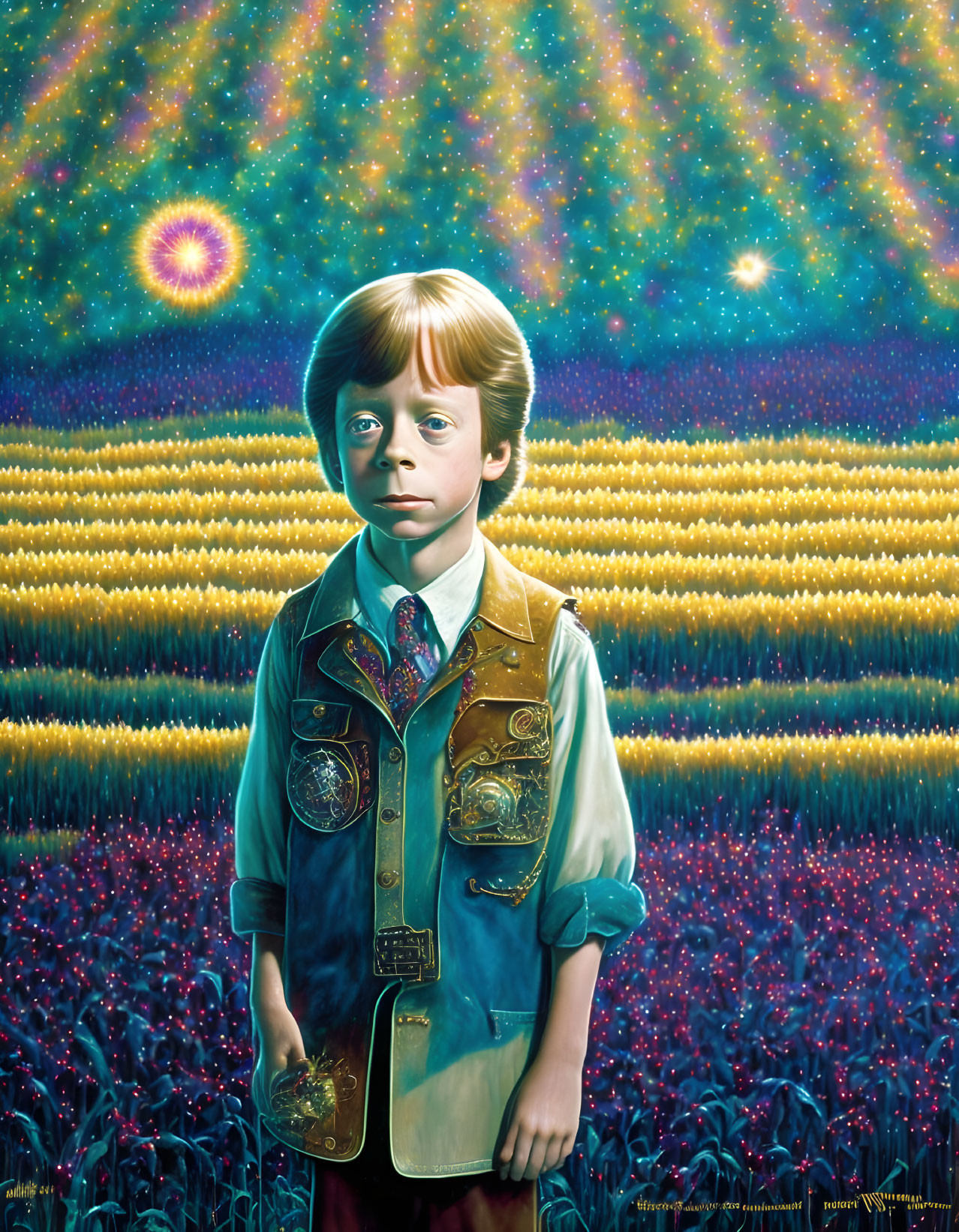 Young boy in surreal field under starry sky with badge-adorned vest