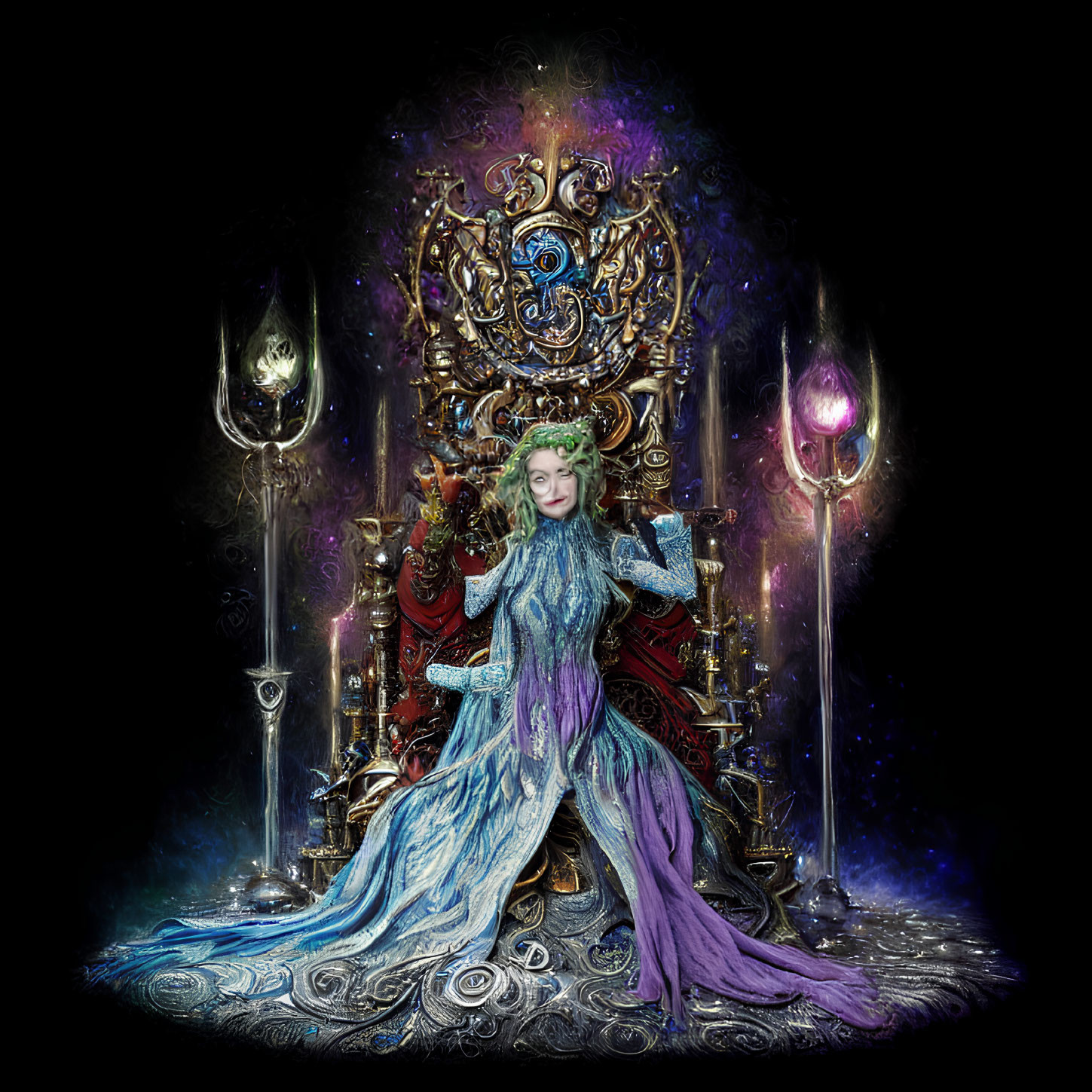 Regal woman on mystical throne with glowing orbs and symbols