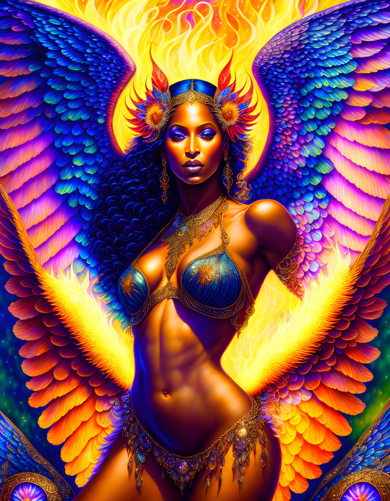 Digital artwork: Mythical woman with fiery wings and gold crown in kaleidoscopic setting