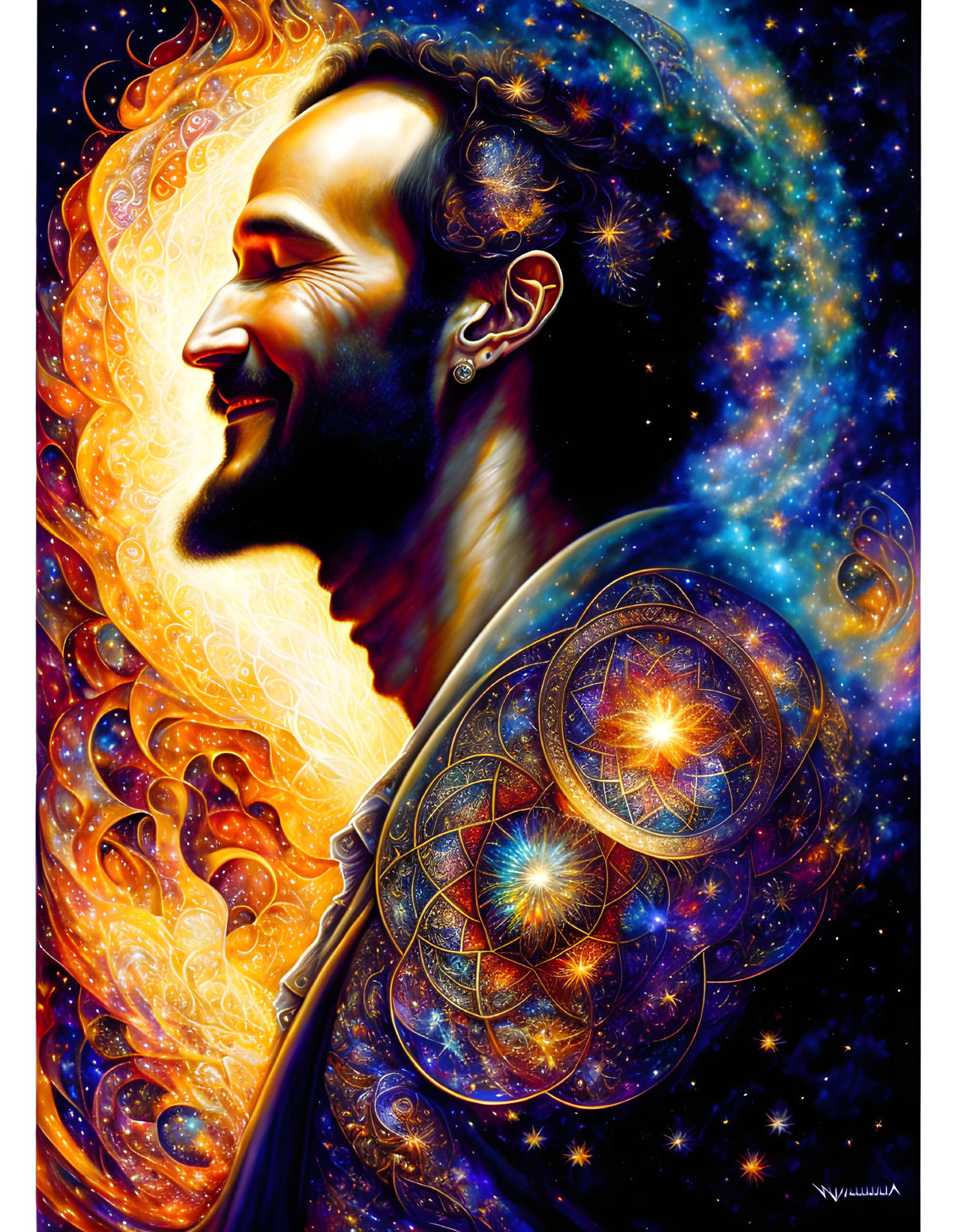 Colorful digital painting of smiling person in cosmic background