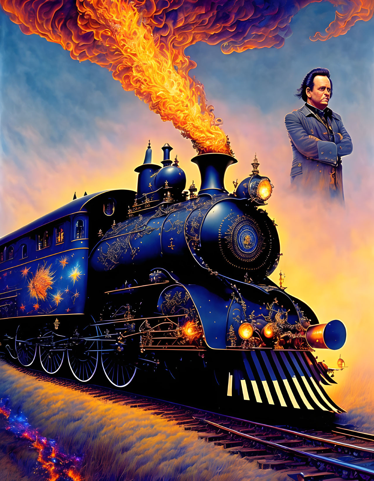 Blue and gold steam locomotive beside stern figure emitting smoke