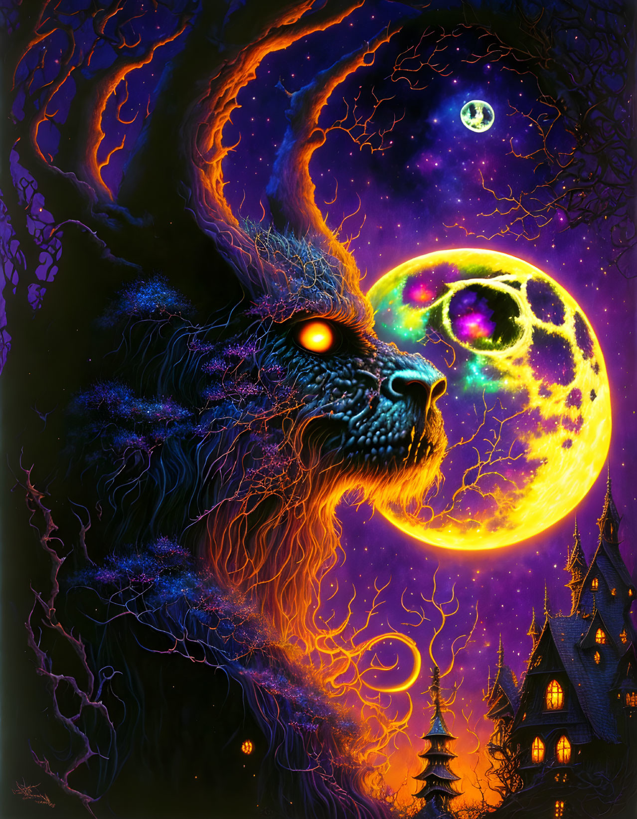 Fantasy wolf head with red eyes in colorful night sky.