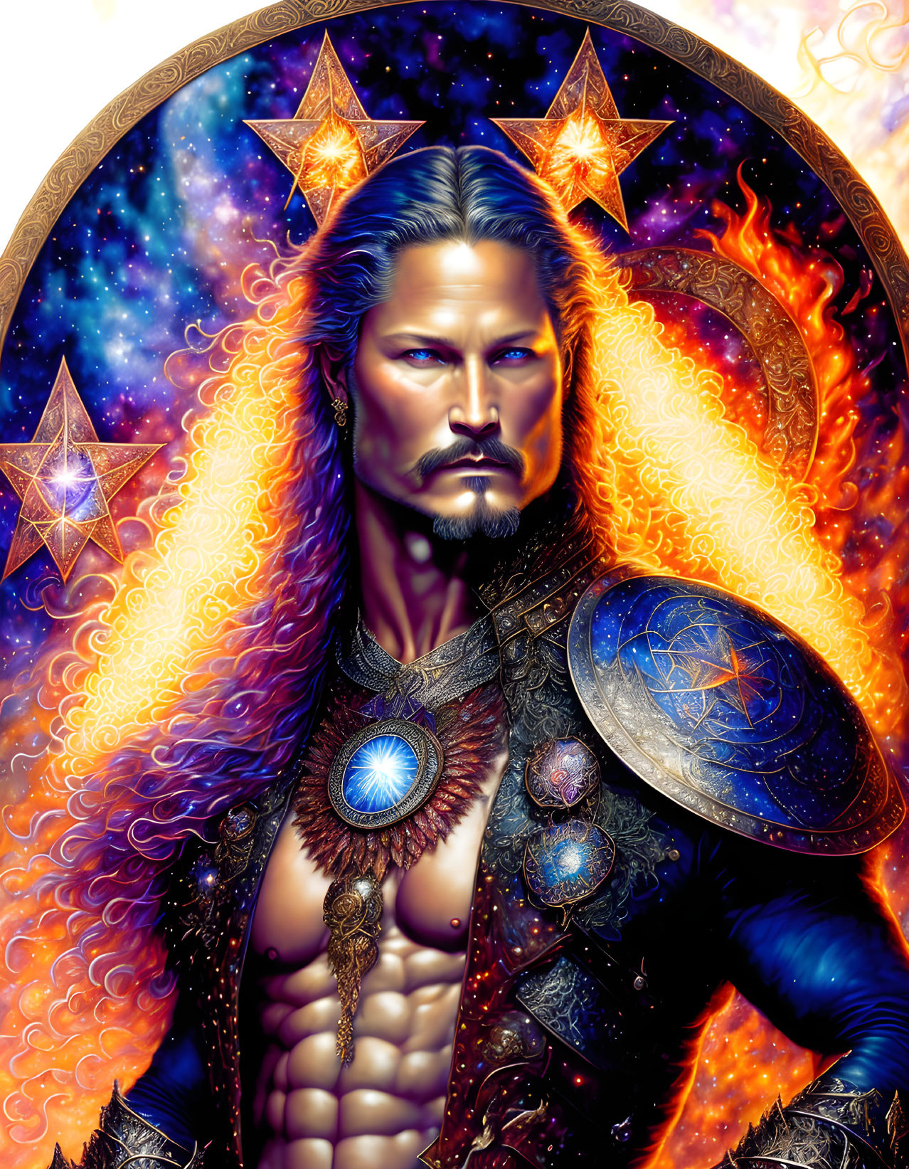 Fantastical male warrior with gray hair, cosmic backdrop, flames, ornate armor, blue gem