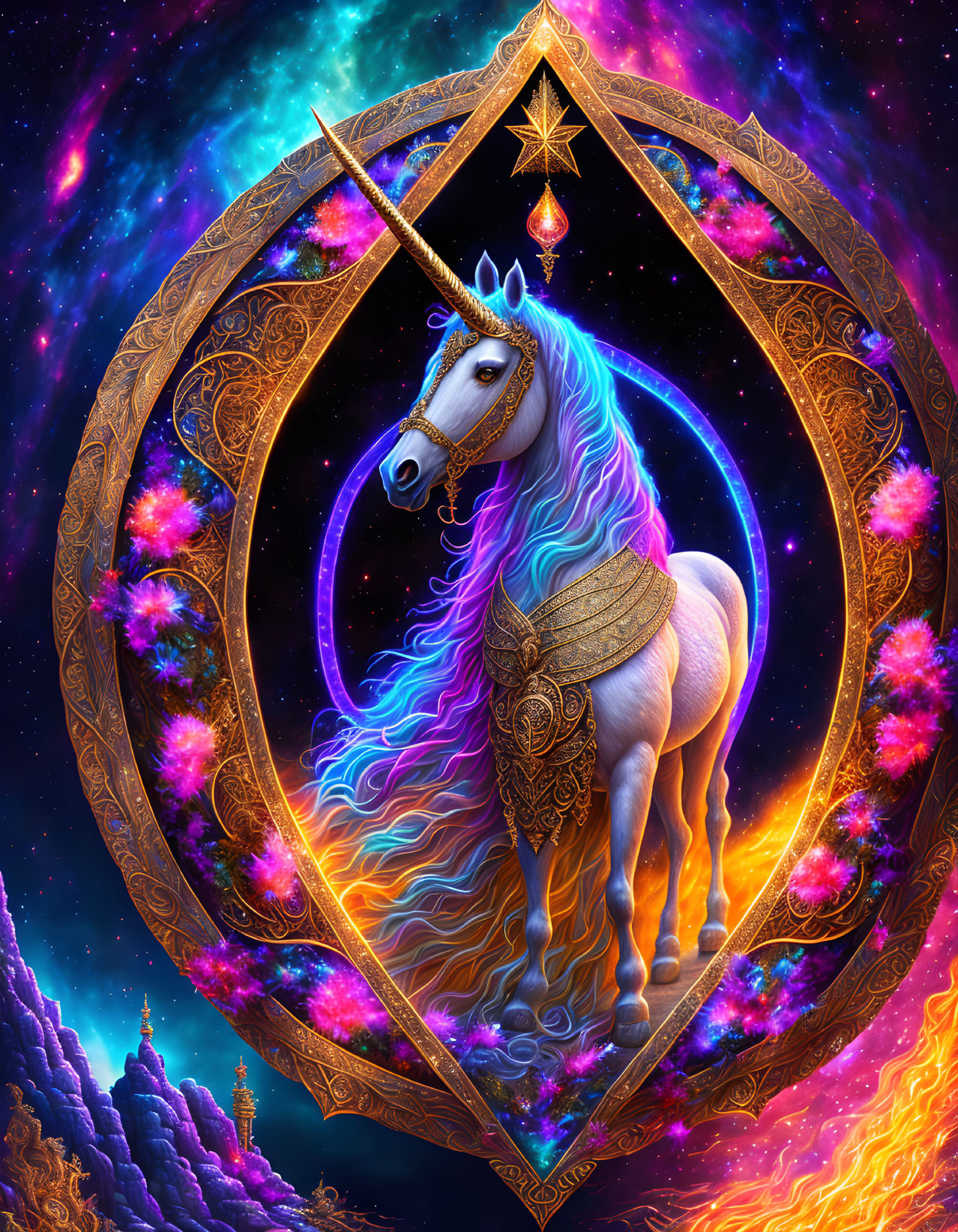 Majestic unicorn with rainbow mane in golden frame against cosmic stars