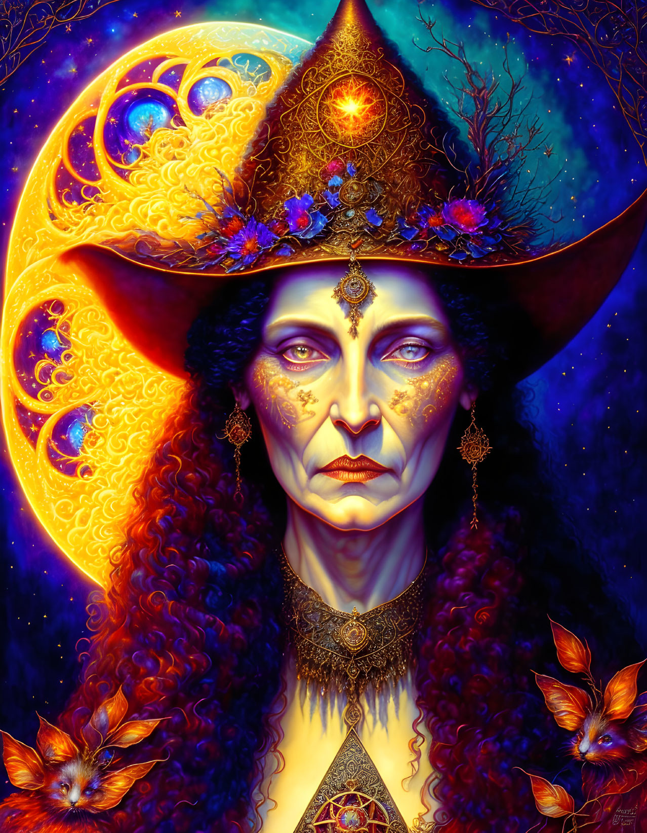 Mystical woman with fiery orange hair, moon hat, starry backdrop, ornate jewelry,