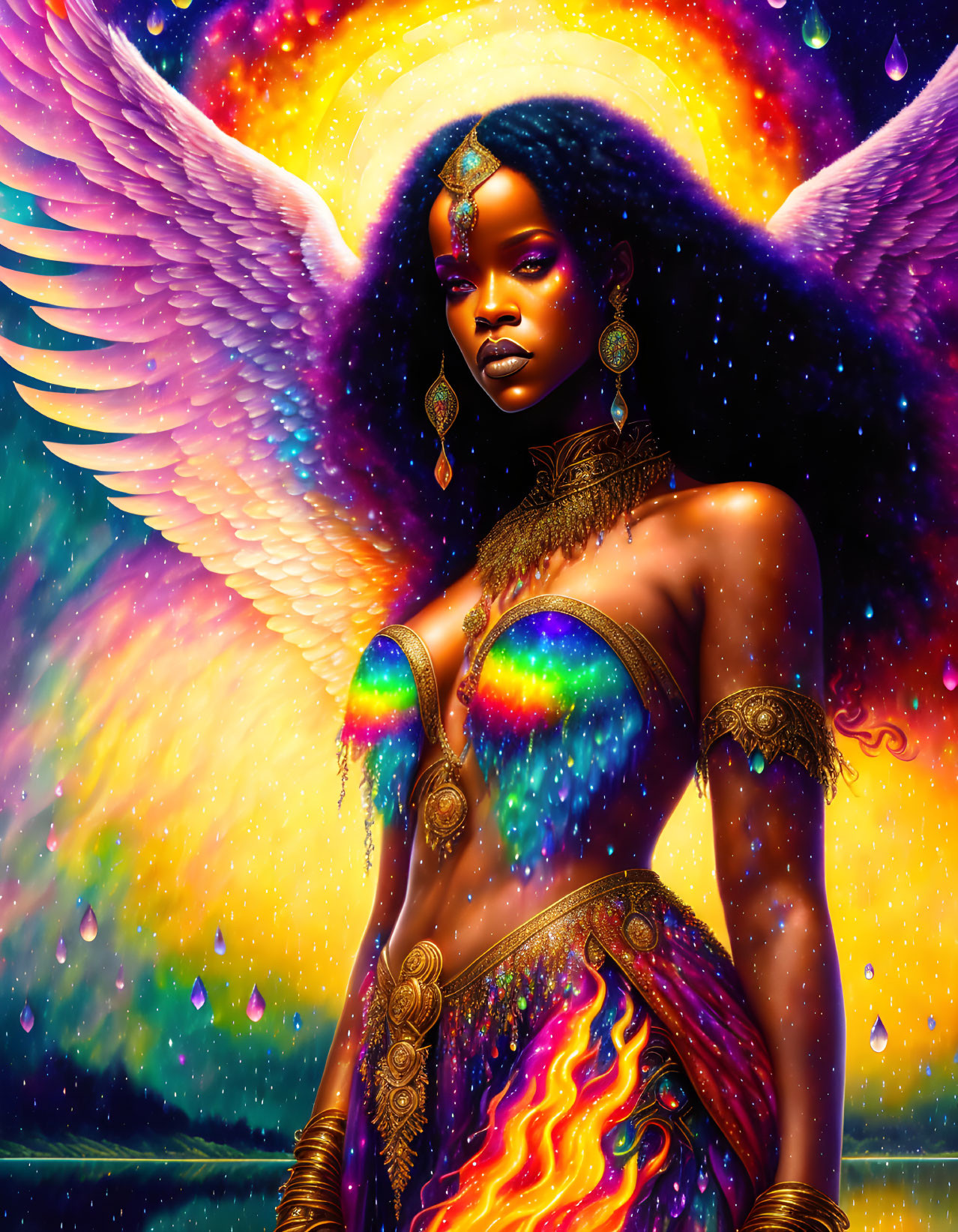 Celestial being with white wings and fiery motifs in cosmic setting