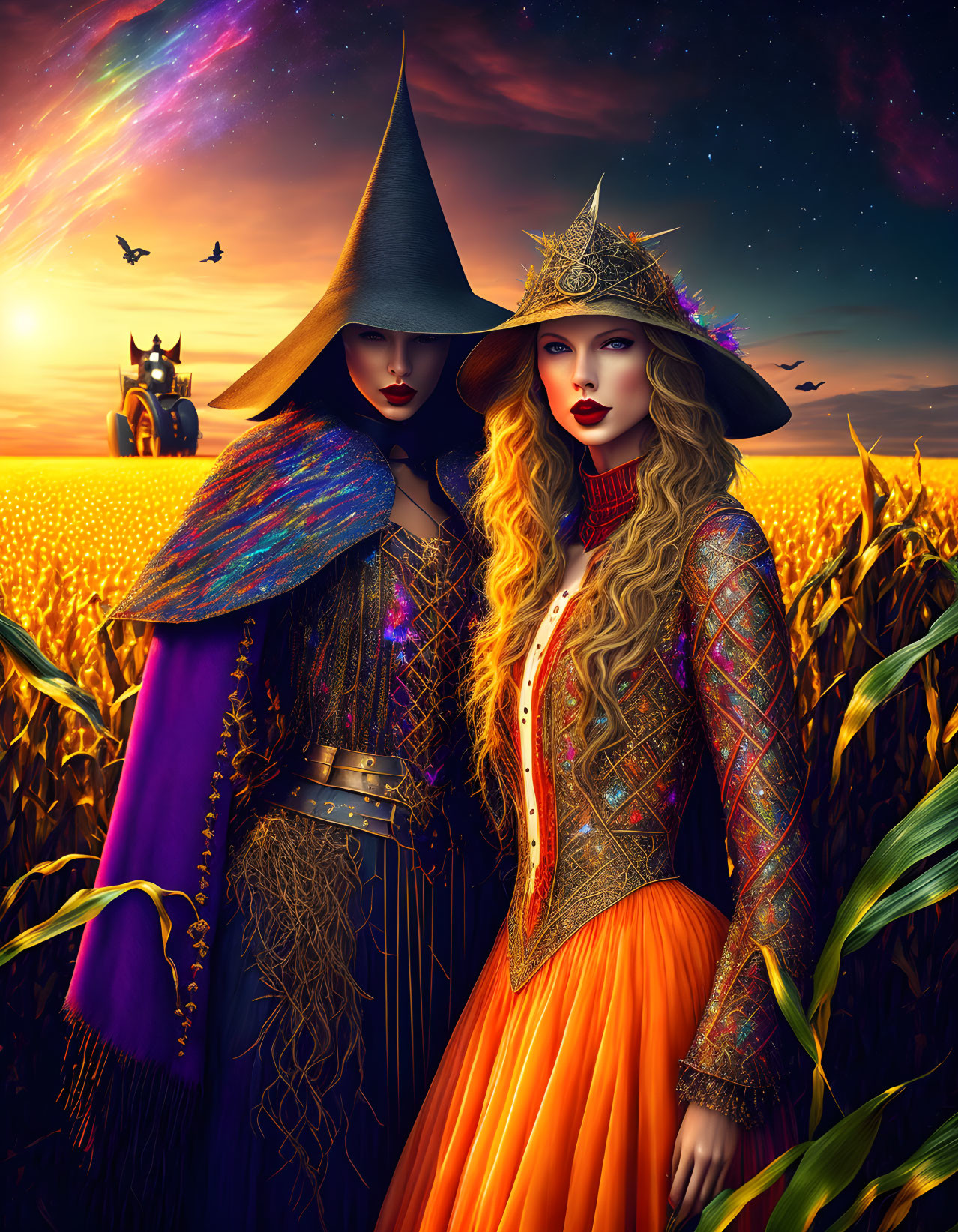 Two witches in ornate outfits in cornfield at sunset with magical aura, flying cat silhouette, bro