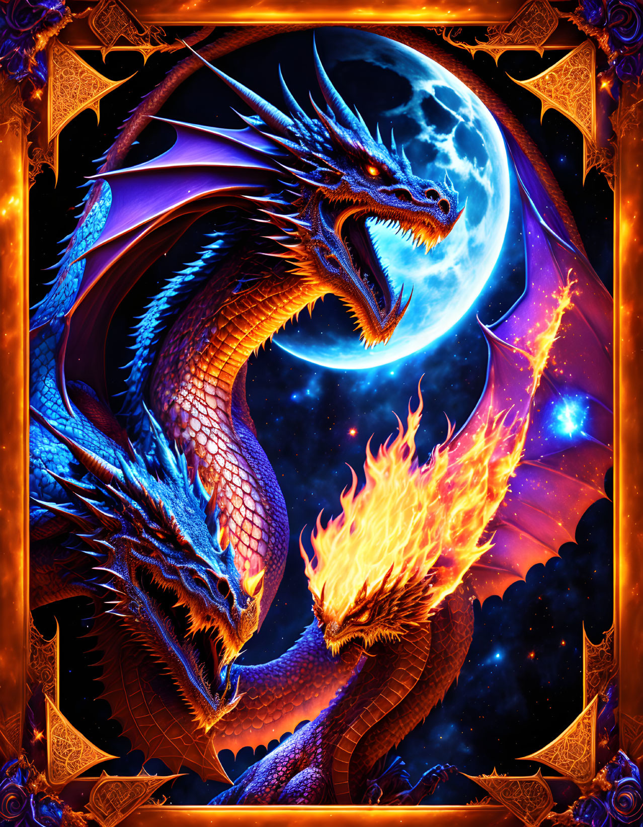 Blue and Orange Dragon Breathing Fire in Moonlit Sky