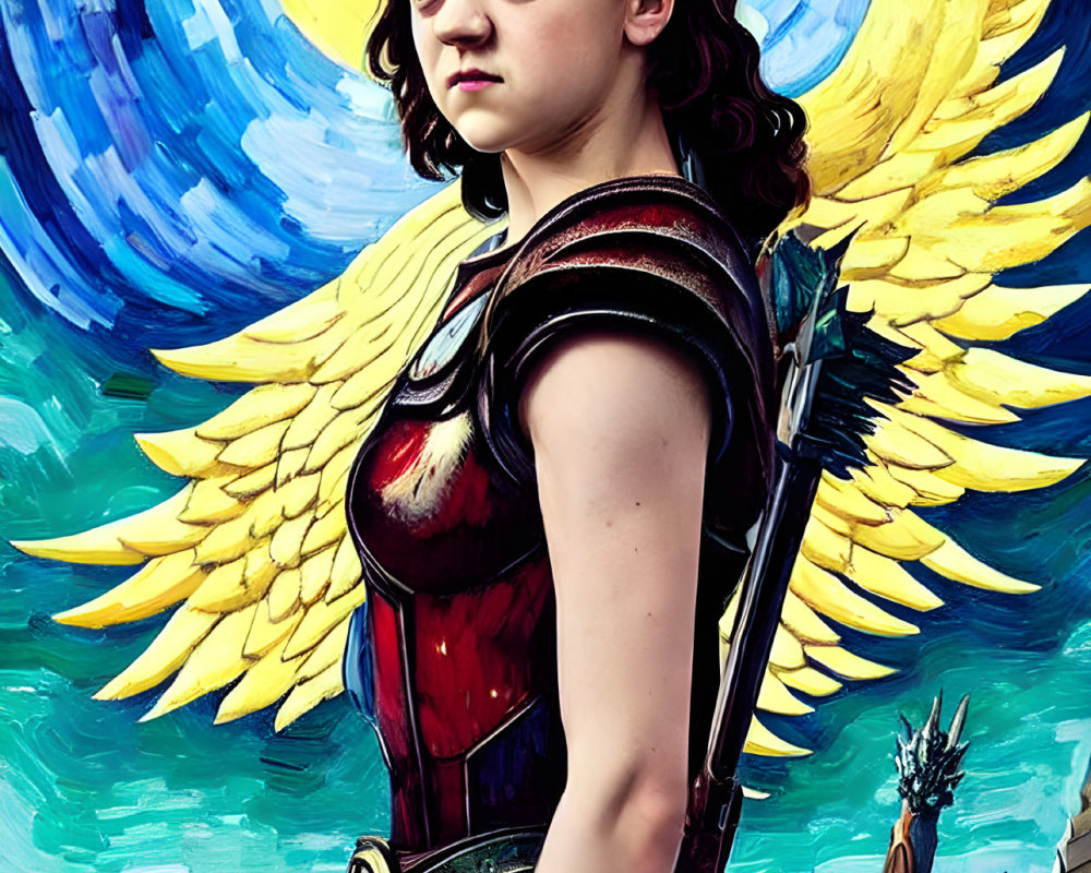 Young Woman Poses in Dramatic Warrior Attire with Halo and Wings