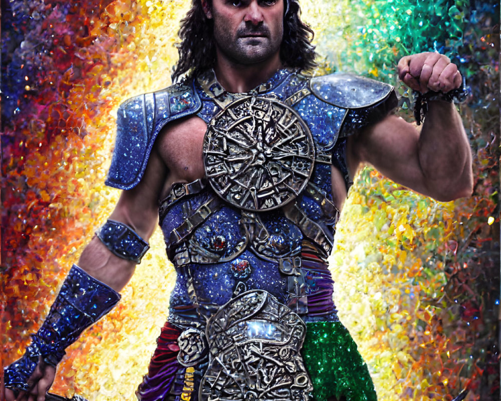 Muscular man in colorful warrior costume flexes bicep on multicolored background