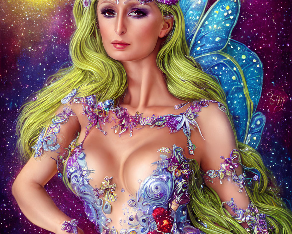 Colorful fairy with blue wings and floral adornments in cosmic setting