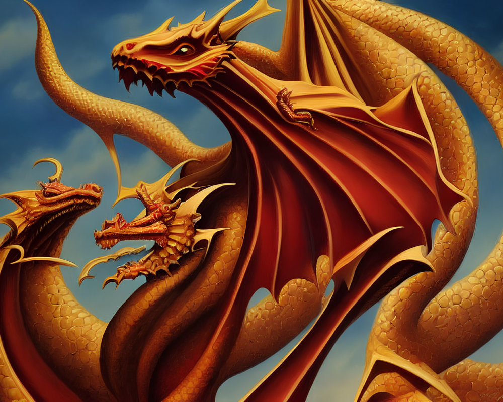 Detailed artwork: Multi-headed dragon with golden scales and orange wings in blue sky.