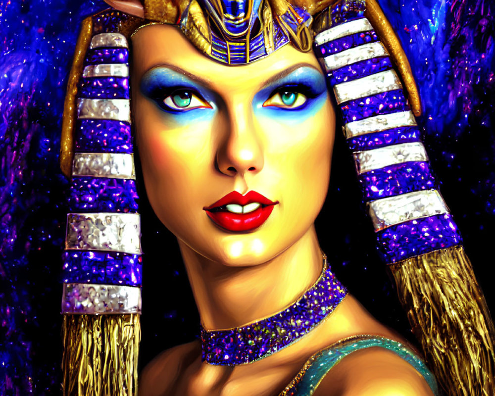 Colorful digital portrait of woman with Egyptian headdress against cosmic backdrop