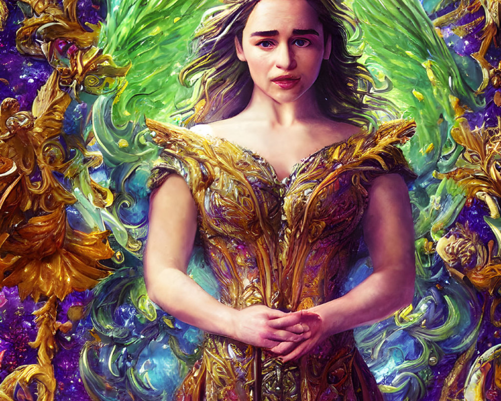 Regal woman in golden armor with crown and ethereal wings on vibrant backdrop