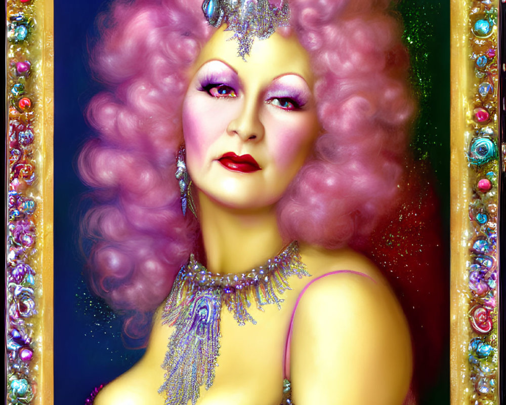 Colorful Portrait of Figure with Pink Hair and Ornate Headdress