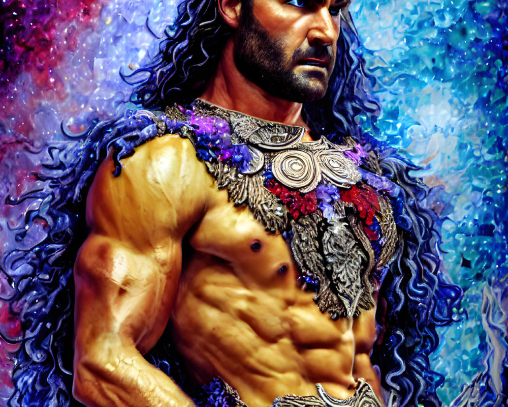 Bearded figure in armor against colorful backdrop