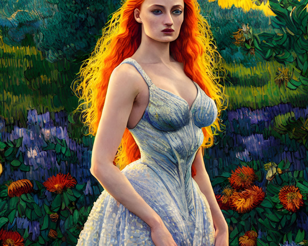 Red-haired woman in white dress with bird in vibrant floral field