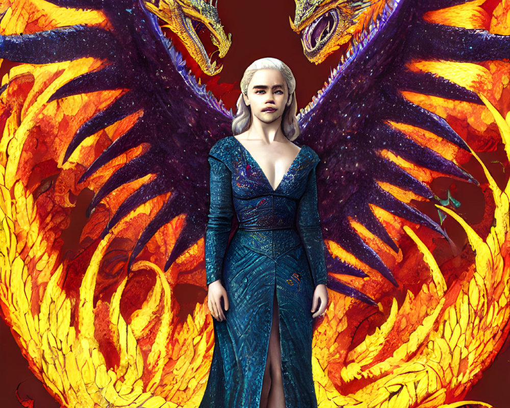 Blonde woman in blue dress faces fiery-winged dragon with matching eyes