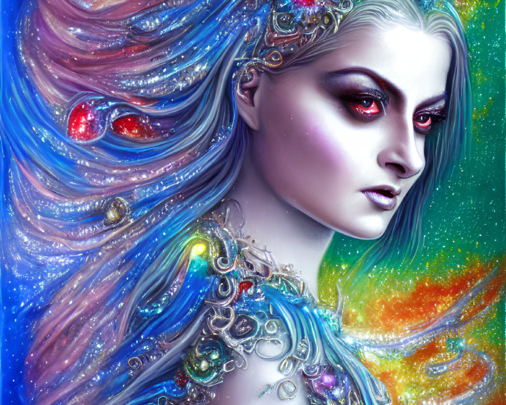 Vibrant Fantasy Portrait of Woman with Cosmic-Inspired Hair