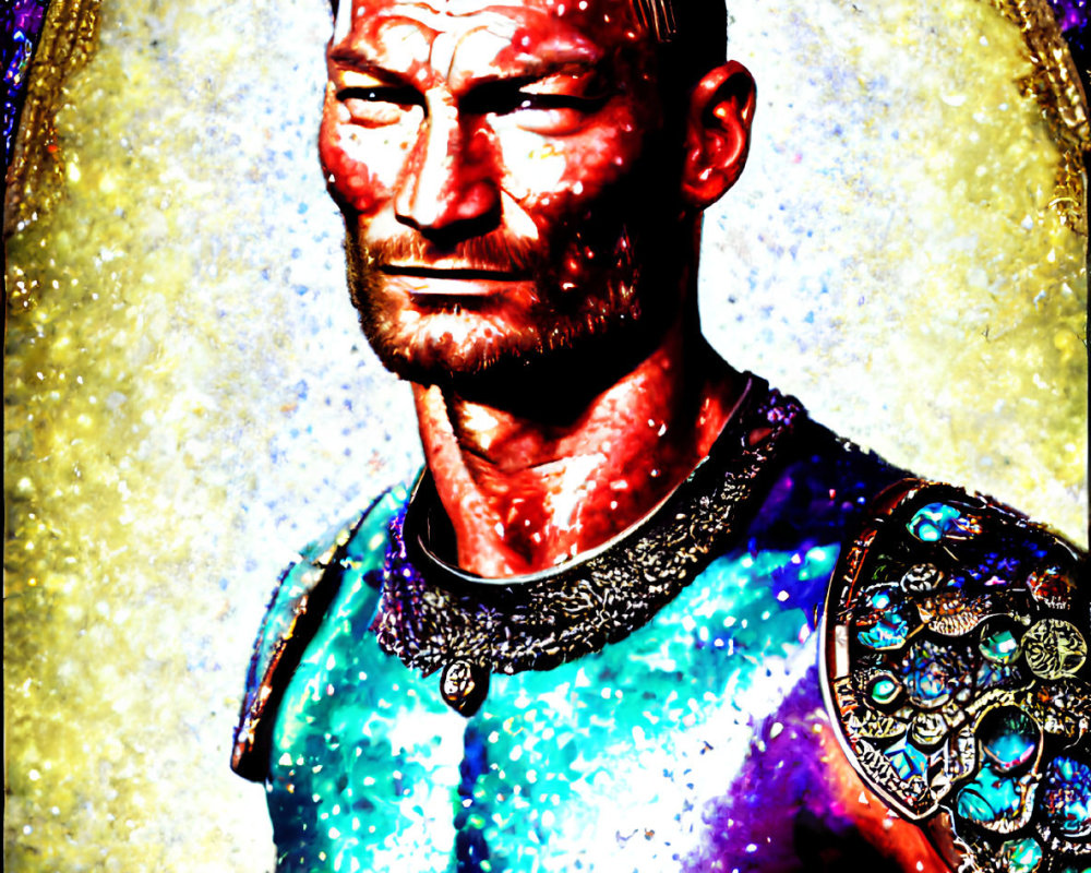 Glittering portrait of a muscular man in blue and purple tunic