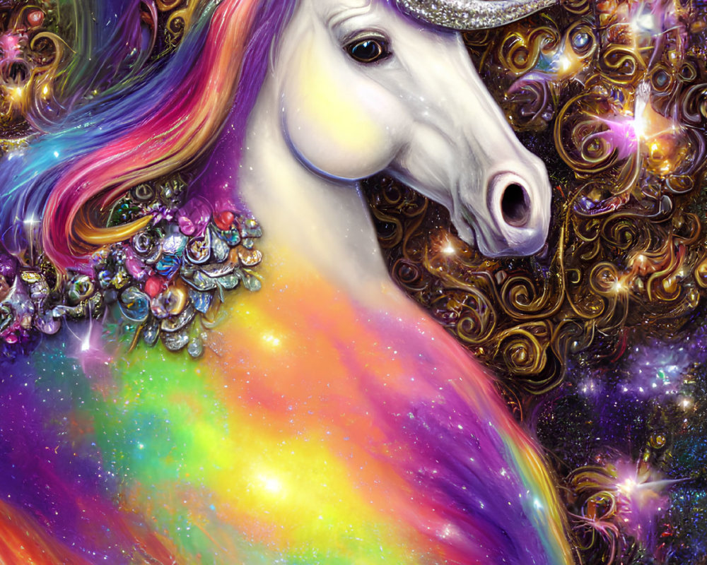 Colorful Unicorn with Rainbow Mane and Jewels on Cosmic Background