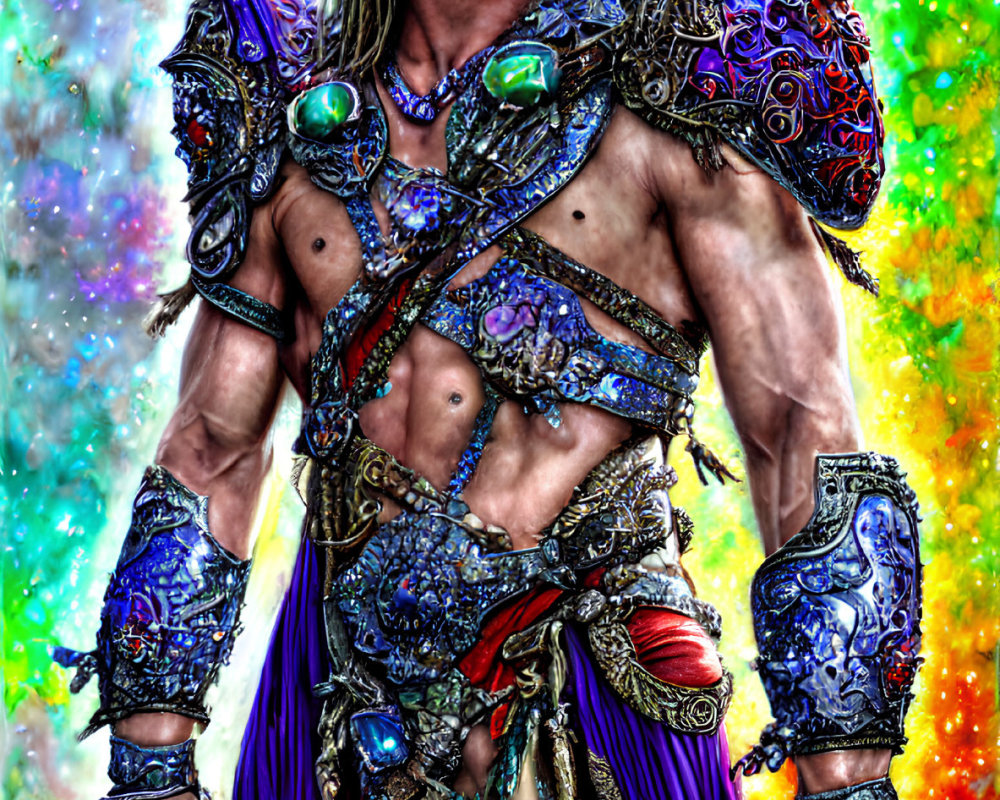 Muscular figure in fantasy armor with gemstones against cosmic backdrop