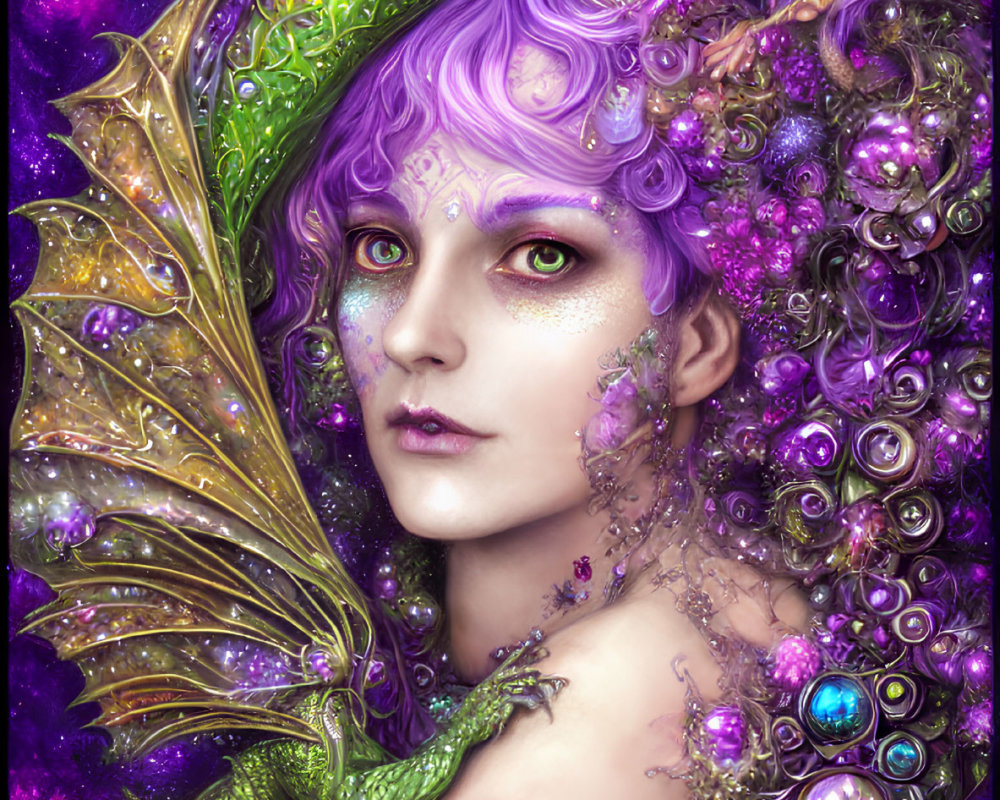 Purple-Haired Entity with Dragon-Like Features Surrounded by Bubbles and Small Dragon in Cosmic Setting