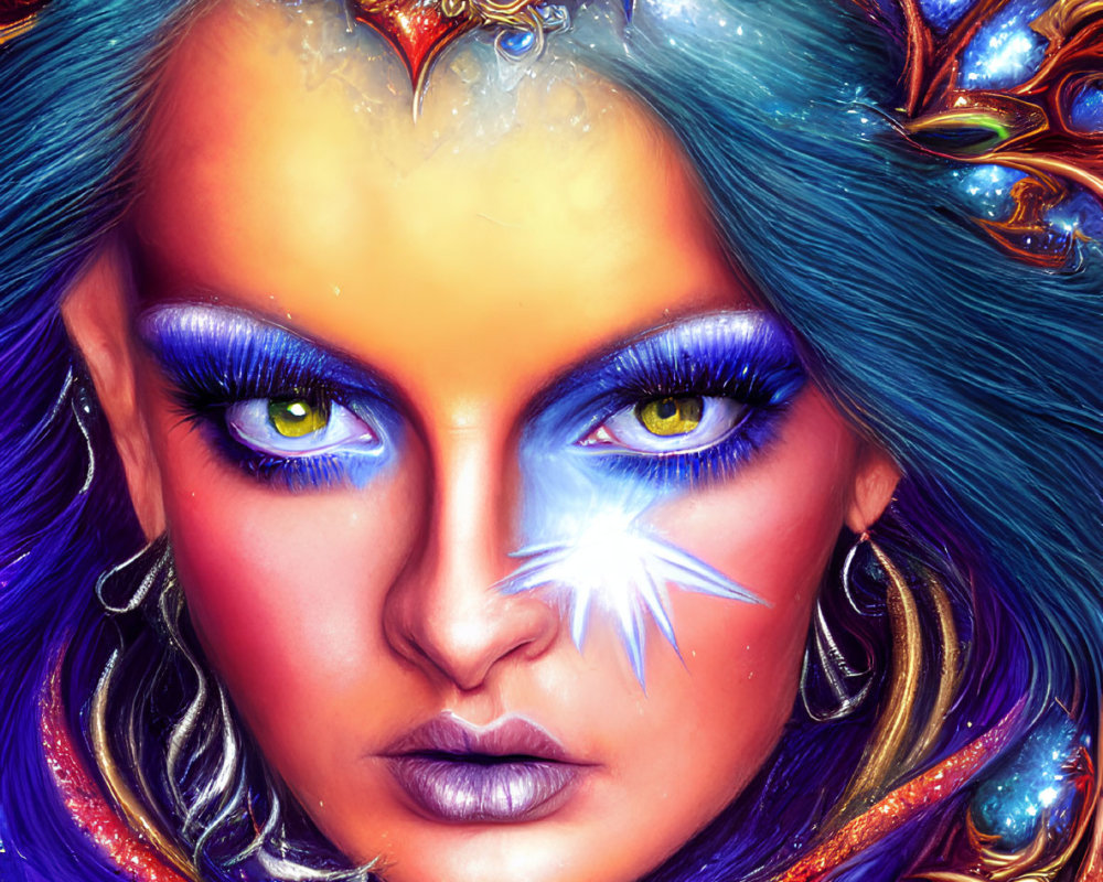 Fantasy portrait of woman with blue skin, glowing eyes, star on forehead, and jewel headwear