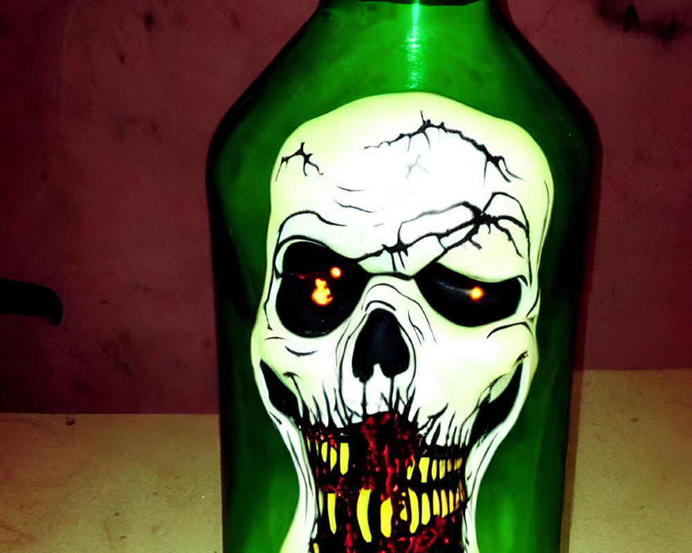 Green Glass Bottle with Menacing Skull and Glowing Red Eyes on Pink Background