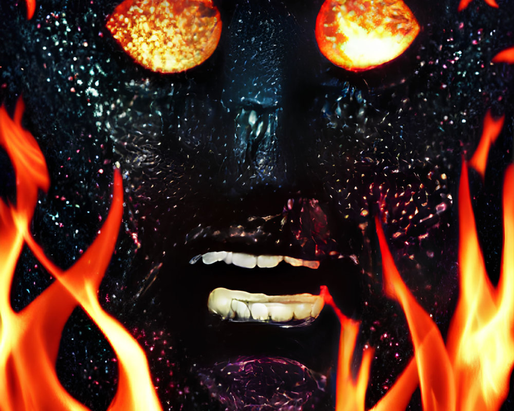 Surreal face with fiery orange eyes and flames on black background