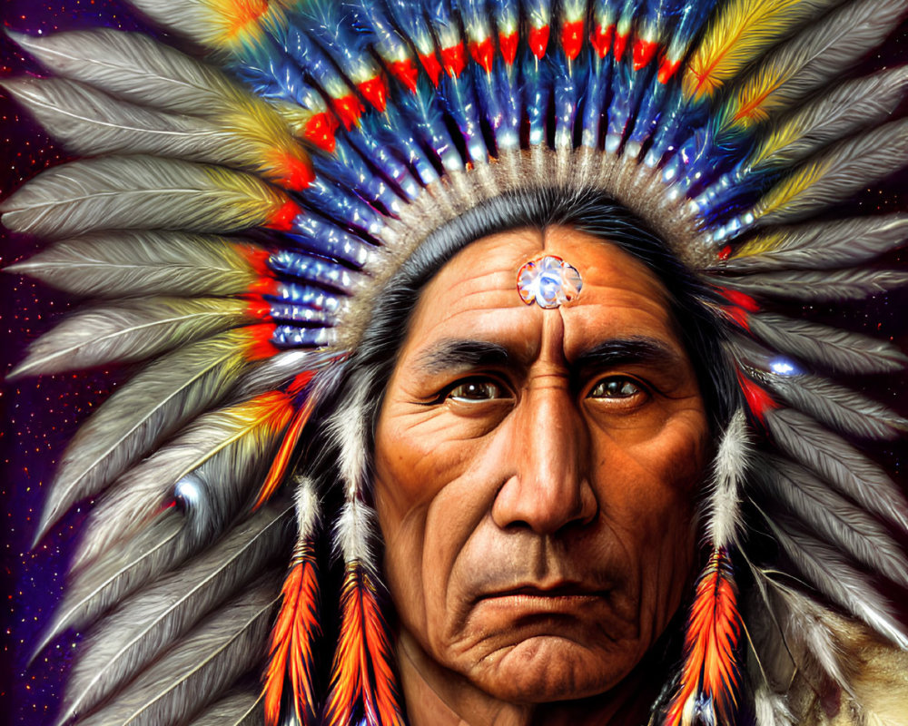 Colorful Native American headdress portrait against starry night background