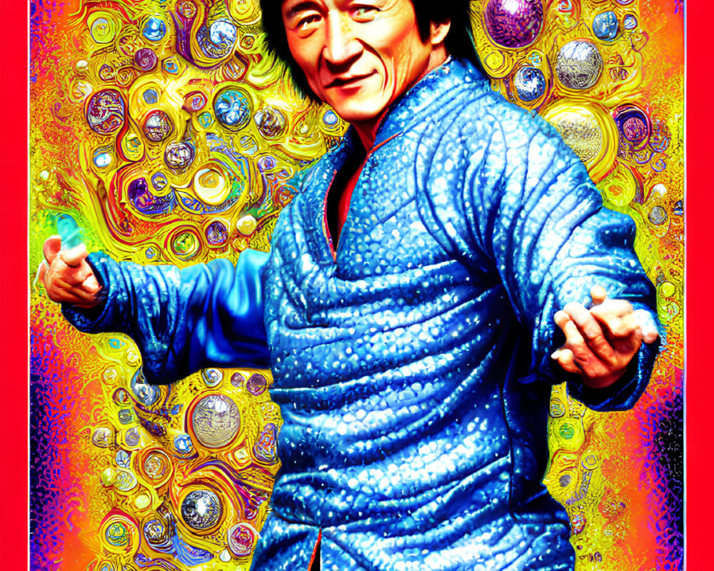 Colorful digital artwork: man in blue traditional attire performing martial arts against vibrant fractal backdrop