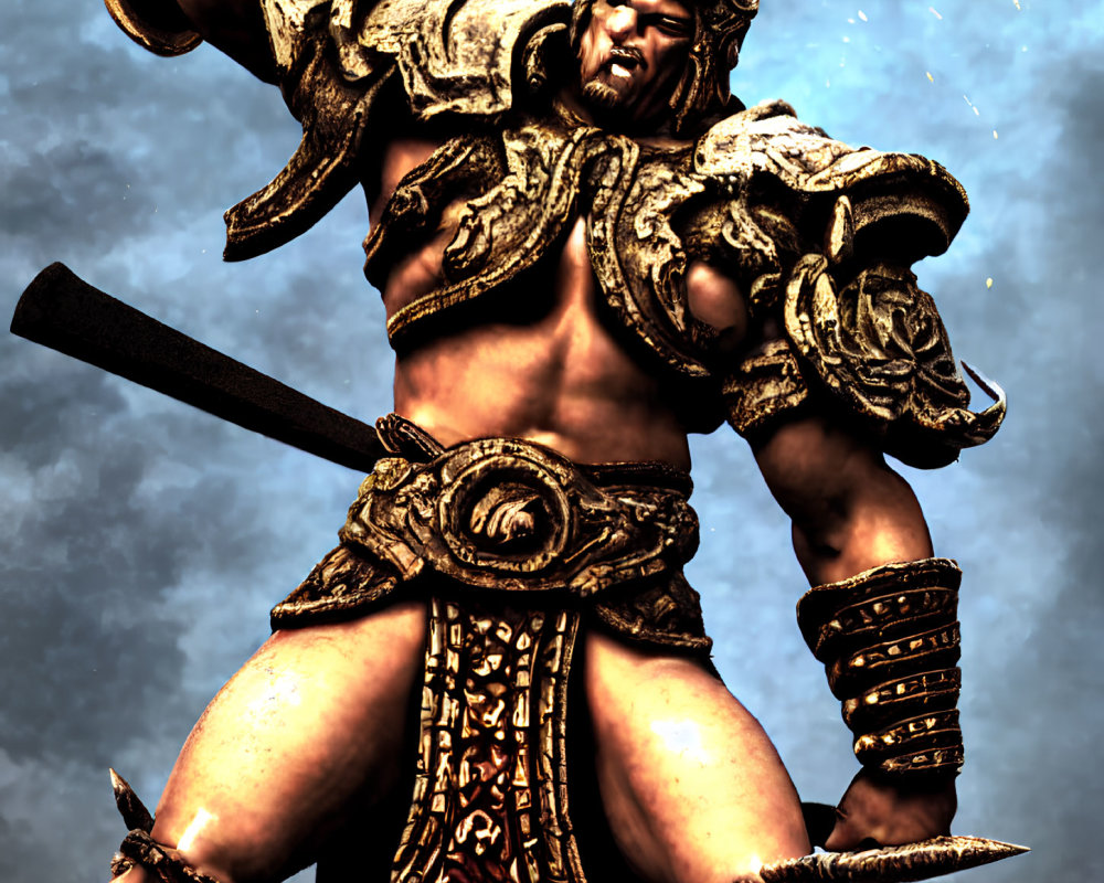 Muscular warrior in ornate armor wields large hammer under moody sky