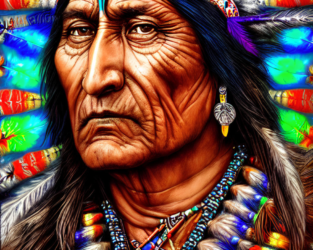 Native American chief illustration with feather headdress and traditional regalia