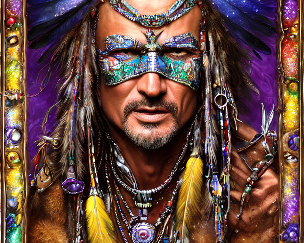 Colorful portrait of a man with feathered accessories and ornate headband